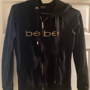 Bebe Black and Gold Studded Front Zip Hoodie with pockets Size Small